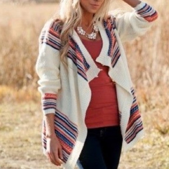 Ekklesia Fair Isle Tribal Aztec Multi Stripe Open Front Cardi Blue Orange Sz M/L - Picture 2 of 11